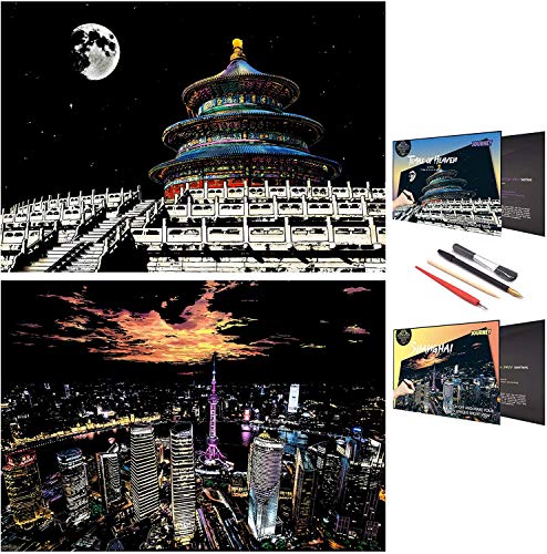 SiYear Scratch Paper Rainbow Painting Sketch, City Series Night Scene, Scratch Painting Creative Gift,Scratchboard for Adult and Kids with 4 Tools