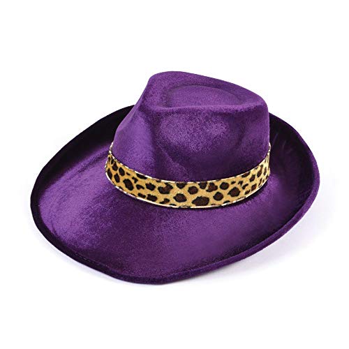 Sombrero de terciopelo Pimp Fedora morado con diseño de leopardo con banda de sombrero, lude, mitador de Stenz Gangster Mafioso Rapper