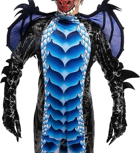Spooktacular Creations Disfraz de dragón negro y azul para niños, alas y máscara de dragón, traje de Halloween, traje de dragón para niños para fiestas de Halloween, cosplay-L