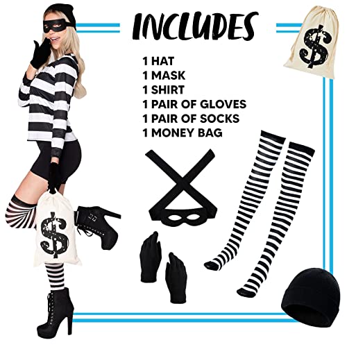 Spooktacular Creations Mujeres adultas Juego de disfraces de ladrones con sombrero Bolsa de guantes de la camisa