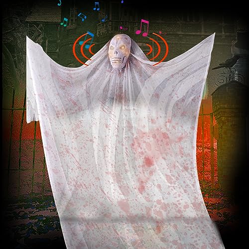 Sporgo Máscara decorativa de Halloween, cortina de fantasmas: 3,8 x 1,6 m, escalofriante, Halloween, Grim Reaper, máscara decorativa con manchas de sangre LED y detector de movimiento de sonido,