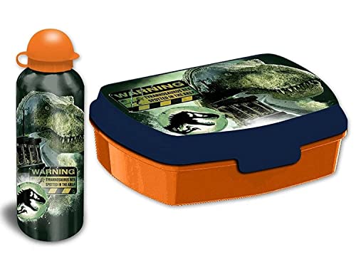 SRV Hub Jurassic W0rld-Lonchera con botella de agua aislada de aluminio de 500 ml para niños,sin BPA,caja de aperitivos de plástico apta para alimentos,para la escuela y el picnic,a partir de 3 años