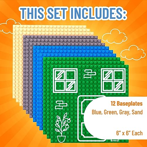 Strictly Briks - Pack de 12 Bases para Construir - Compatibles con Todas Las Grandes Marcas - 15,24 x 15,24 cm - Verde, Azul, Gris y Arena