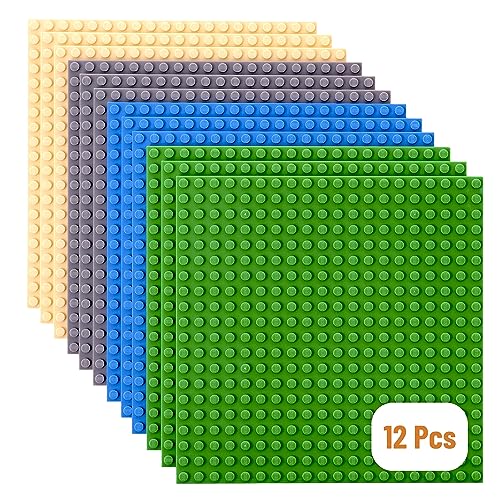 Strictly Briks - Pack de 12 Bases para Construir - Compatibles con Todas Las Grandes Marcas - 15,24 x 15,24 cm - Verde, Azul, Gris y Arena