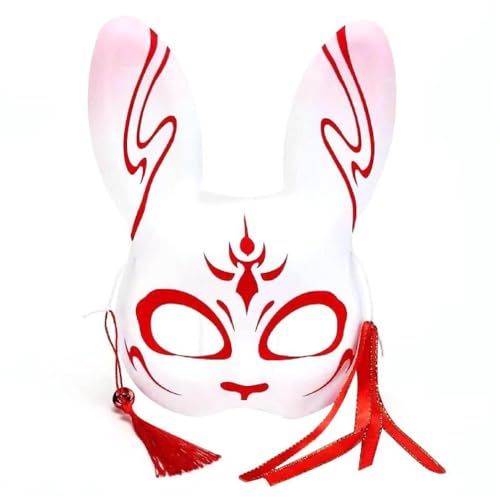 Swetopq Máscara de zorro pintada a mano con orejas de conejo para cosplay, media cara, máscara de gato, fiesta de máscaras, disfraz de Halloween, accesorios de kitsune-fox