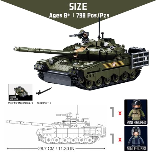 Tarcury Modelo de Tanque de Batalla Principal T-80 - Escala 1:35, Set de Juguetes Militares de 798 Piezas con 2 Soldados de Juguete,Regalo Ideal para los Fans del Militar