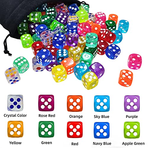 TASAHNI - Juego de cubos pequeños (100 unidades, 6 lados, 12 mm, colores translucientes, juego de dados de resistencia a la luz, para juegos de cartas y fiestas