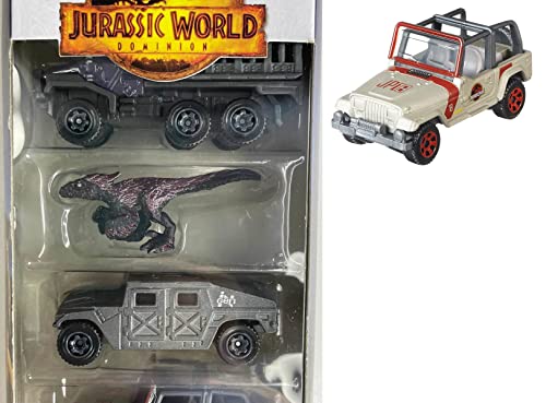 Terra Adventure Jurassic World 8 coches con vehículo Dominion Paquete de 5 escuadrón de viaje con mini figura de dinosaurio Velociraptor + Total Terrain Dino 5 unidades colección Land Sea y pegatinas