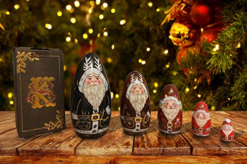 The Tile Sticker Company Juguete tradicional de madera hecho a mano de Navidad babushka matryoshka Krampus aterrador natividad San Nicolás Santa Claus 5 piezas ruso anidamiento cajas de muñecas de