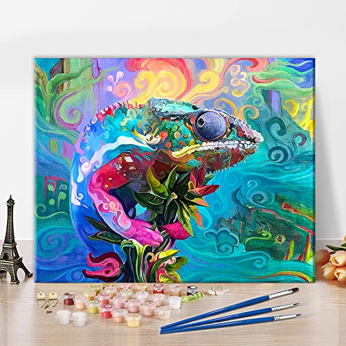 TISHIRON Pintura abstracta de camaleón por números DIY pintura al óleo para adultos niños lienzo de pared con pinceles pigmento acrílico para el hogar sala de estar decoración 16 x 20 pulgadas