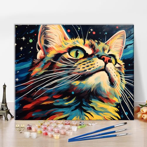 TISHIRON Pintura de gato por números para adultos principiantes, gatitos lindos kits de pintura por números sobre lienzo pintura acrílica abstracta dibujo animal pintura con pinceles pintura al óleo
