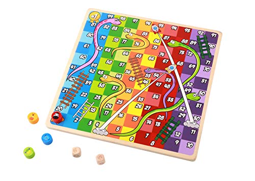 Tooky Toy Tabla de juegos 2 en 1 para niños – Cubos / serpientes y escaleras de madera – Colorido juego de tablero de juguete para niños – Ajedrez volador / serpientes y escaleras de madera