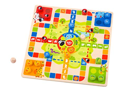 Tooky Toy Tabla de juegos 2 en 1 para niños – Cubos / serpientes y escaleras de madera – Colorido juego de tablero de juguete para niños – Ajedrez volador / serpientes y escaleras de madera
