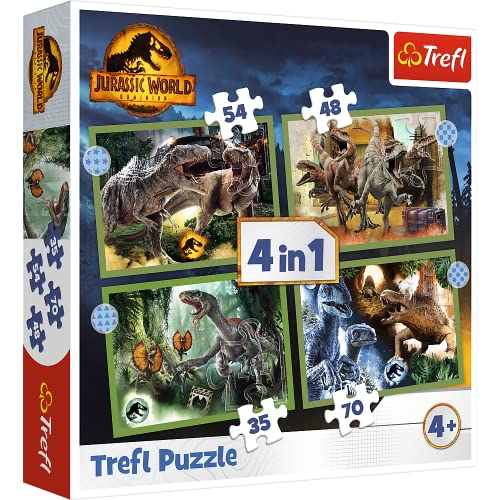Trefl 4en1, 35a 70 Piezas Dinosaurios, Parque Jurásico, Diferente Grado de Dificultad, para Niños a Partir de 4 años Puzzle, Color Jurassic World Dominion, peligrosos (34607)