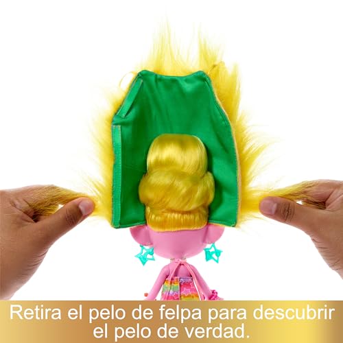 Trolls 3 Todos Juntos Viva Muñeca con pelo amarillo que se convierte en capa inspirada en la película, accesorios sorpresa dentro del pelo, juguete +3 años (Mattel HNF17)