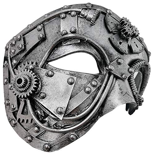 Ubauta Máscara veneciana de Cyborg de Metal Steampunk, máscara de mascarada plateada para fiesta de disfraces de Halloween/Phantom Of The Opera/Mardi Gras Ball