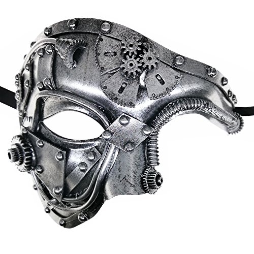 Ubauta Máscara veneciana de Cyborg de Metal Steampunk, máscara de mascarada plateada para fiesta de disfraces de Halloween/Phantom Of The Opera/Mardi Gras Ball