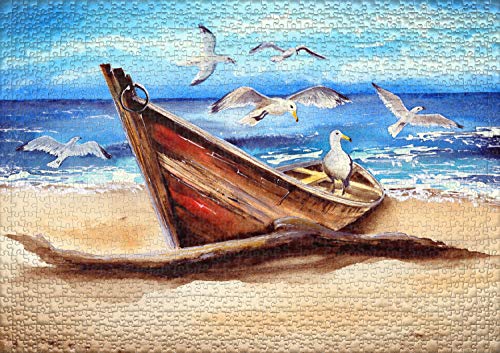 Ulmer Puzzleschmiede - Puzzle Driftwood: Puzzle de 1000 Piezas - Pintura de Paisaje en el mar: Un Viejo Barco y Aves Marinas en la Playa