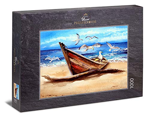 Ulmer Puzzleschmiede - Puzzle Driftwood: Puzzle de 1000 Piezas - Pintura de Paisaje en el mar: Un Viejo Barco y Aves Marinas en la Playa