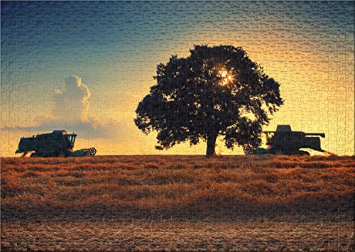 Ulmer Puzzleschmiede - Puzzle Tiempo de Cosecha - Puzzle clásico de 1000 Piezas con diseño agrícola – Cosecha Trabajo en el Campo de Cereales al Sol de la Noche