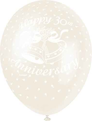 Unique Party-Globos Perlados de Látex para Aniversario Happy 30th Anniversary, color blanco, 30 cm (80223)