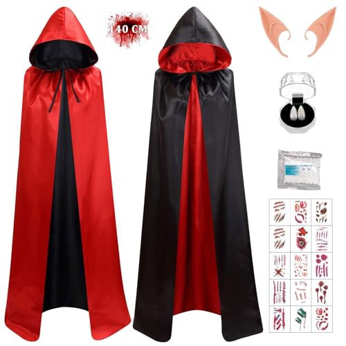 Vampiro Capucha Capa 140cm,Manto Reversible Negro Rojo para Adultos Halloween,Dracula Cosplay,Incluir Orejas Elfo,Colmillos Vampiro,Tatuaje de Cicatriz de Halloween