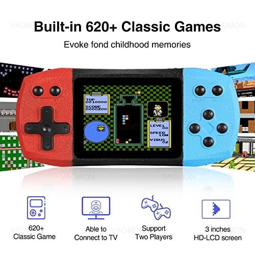Vaomon,Consola de juegos de mano para niños, más de 620 juegos clásicos de FC, soporte de juego de mano recargable para conectar TV y 2 jugadores, regalo ideal