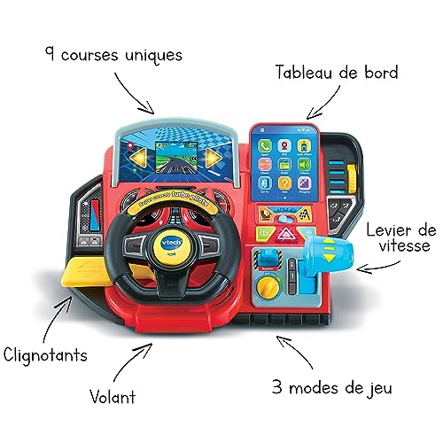 VTech – Super Consola Turbo Piloto, Simulador de conducción con Pantalla a Color y salpicadero, Carreras de Coches, Aprendizaje y Juegos, Regalo para niños de 3 años a 8 años – Contenido en francés