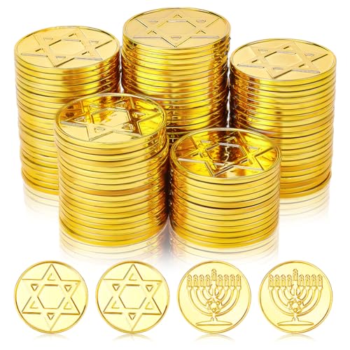 WEBEEDY 100 monedas doradas de plástico Hanukkah, monedas de juego de plástico pirata, monedas de búsqueda del tesoro, monedas para fiesta temática de aventura pirata, eventos, suministros de fiesta