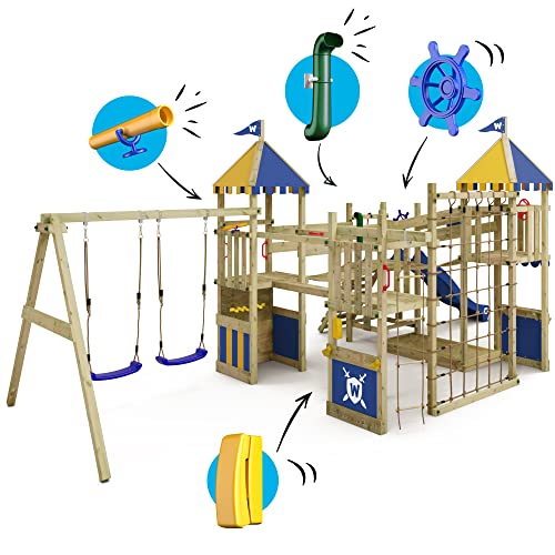 WICKEY Parque Infantil Castillo Smart Queen con Columpio, Lona Azul-Amarilla y Tobogán Azul, Torre de Escalada para Niños al Aire Libre con Arenero, Escalera y Accesorios de Juego para el Jardín