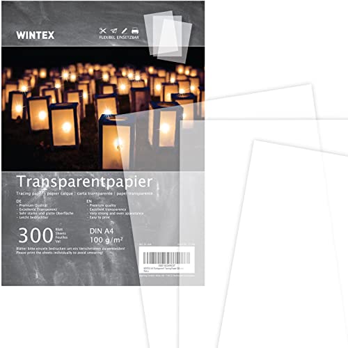 WINTEX Papel transparente impresora A4 - Set de 300x láminas de papel cebolla de 102 g/m² - Papel manualidades plantillas para calcar - Hojas de color blanco tránlucido