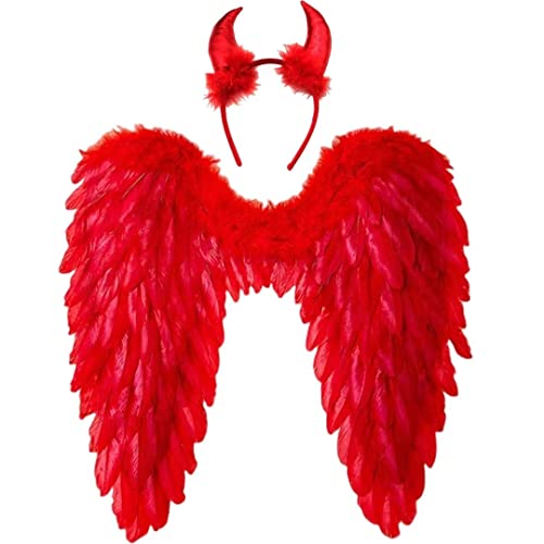 Winwild Alas de Angel con Cuernos de Diablo,Disfraz de Angel y Diablo con Alas para Mujer,Disfraz de Angel Caido Rojo para Halloween Carnaval Cosplay Fiesta de Disfraces(Rojo,60 x 60 cm)