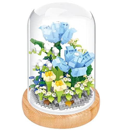 WiseHawk Kit de Bloques en Miniatura para Montar Flores. con Soporte de Madera y Campana Protectora. Rosa Azul
