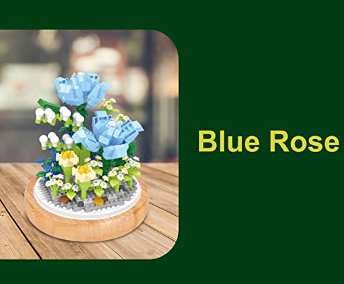 WiseHawk Kit de Bloques en Miniatura para Montar Flores. con Soporte de Madera y Campana Protectora. Rosa Azul