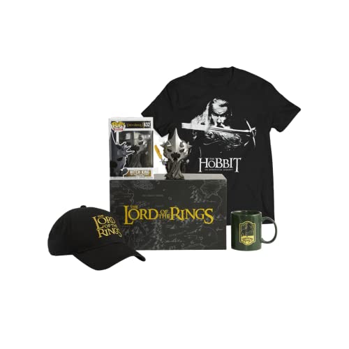 WOOTBOX - Juego de regalo de coleccionista – Unisex – Señor de los Anillos – Pop Vinyl #632 "Witch King, Prancing Pony Mug, L.O.T.R Logo Baseball Cap & The Hobbit Gandalf T-Shirt Talla S