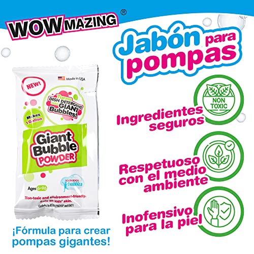 WOWmazing 46996 - Pack 6 sobres de jabón en polvo para hacer pompas, burbujas gigantes, Recambios de jabón, Líquido pompas de jabón, pompa, pompero gigante, burbujas para niños, pompas de jabón, verde