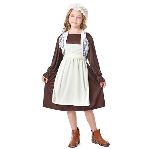WUOOYOQ Disfraz de sirvienta victoriana para niñas, vestido medieval de aldea victoriana con gorro de fregona, disfraz victoriano para niñas (multicolor, M)