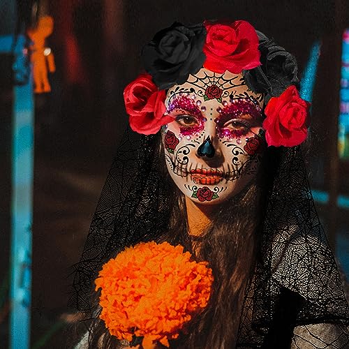 XLZJYIJ Diadema de Flores de Día de Muertos, Diademas Halloween Velo con 4 Tatuajes Temporales para Halloween, Tocado Mexicanas, Diadema de Rosa y Velo para Mujer Carnaval Fiestas