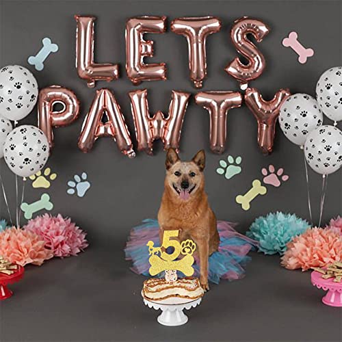 Xsstarmi Paquete de 1 decoración para tartas de quinto cumpleaños con pata de perro dorada con purpurina de cinco años de edad, cumpleaños, cachorro, perro, decoración para tartas con temática Let's