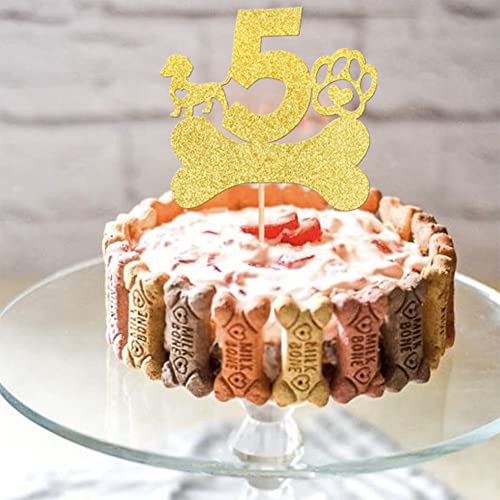 Xsstarmi Paquete de 1 decoración para tartas de quinto cumpleaños con pata de perro dorada con purpurina de cinco años de edad, cumpleaños, cachorro, perro, decoración para tartas con temática Let's