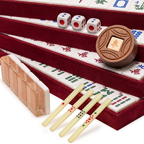 Yellow Mountain Imports Juego de Mahjong Chino Clásico - Oro Champán - con 148 Fichas de Tamaño Medio y un Estuche de Madera Palos de Apuestas, 3 Dados, y un Indicador de Viento