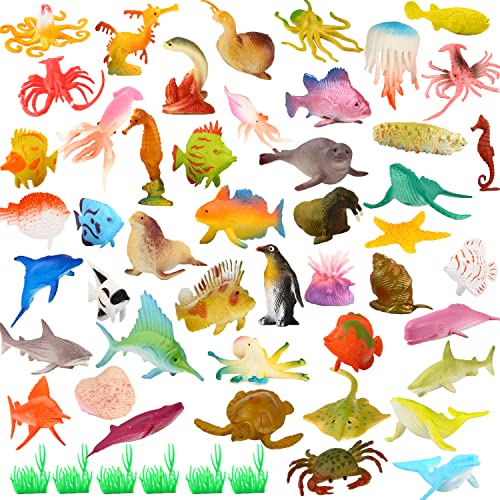 YeoNational&Toys Animales de Juguete, Surtido de 52 Mini Figuras de Animales Marinos de Plástico , Fauna Submarina Realista para Jugar en el Baño, Fiesta Educativa del Mar.