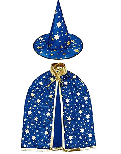 YKKJ Capa de Bruja，Sombrero Capa de Mago，Disfraces de Halloween Capa de Mago de Bruja，para niños Capa de Cosplay Juego de Roles Vestir para niños Niños Niñas （Azul）.