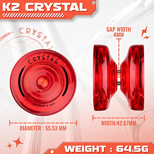 Yoyo K2 Crystal Red, Durable Plastic Yo Yo para niños Principiantes, Replacement Unresponsive Ball Bearing for Advanced + Bearing + Removal Tool + 12 Yoyo Strings + Bag