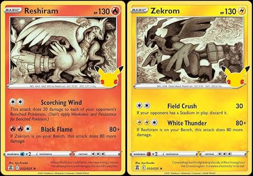 Zekrom & Reshiram - Lote de cartas de celebración de Pokemon - Legendario Holo Foil - 002/025 y 010/030