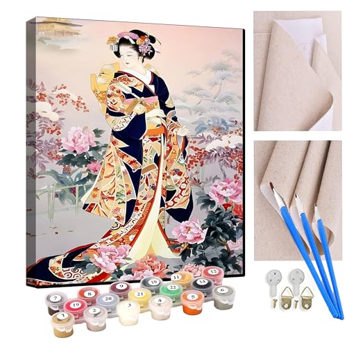 ZoiKom Pintar por Numeros Sakura kimono chica japonesa DIY Cuadro al óleo con números para Kit de Pintura al óleo Digital para Adultos y niños de Lienzo decoración para el hogar 40x50cm Sin Marco