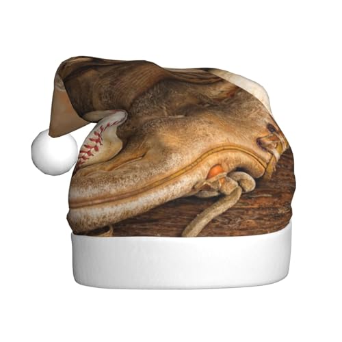 ZORIN Guante de bate de béisbol vintage en patrón de madera rústica impreso sombreros de Navidad divertido sombrero de Papá Noel para adultos sombreros de bola de felpa para Navidad invierno fiesta de