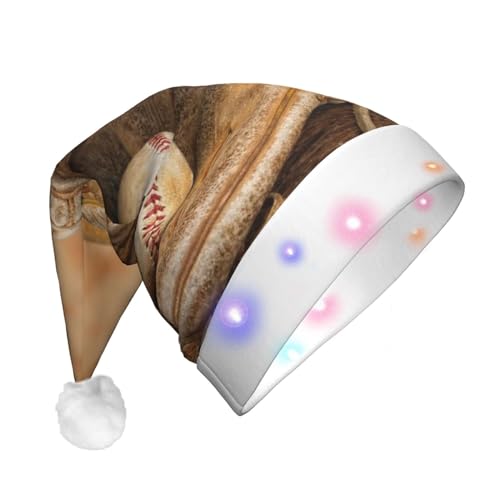 ZORIN Guante de bate de béisbol vintage en patrón de madera rústica impreso sombreros de Navidad divertido sombrero de Papá Noel para adultos sombreros de bola de felpa sombrero iluminado con luz LED