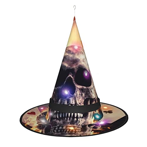 ZORIN Sombrero de brujas de Halloween para adultos, sombreros de mago con luces, calavera de fuego, póquer, sombrero de brujas, decoraciones de Halloween, accesorio de disfraz para Halloween, fiesta