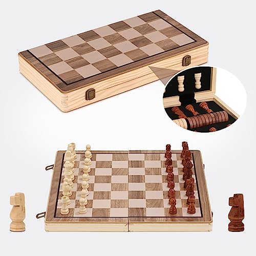 Zoutpy Juegos de ajedrez - Juego de tablero de ajedrez magnético plegable de viaje, juego portátil, juego internacional de ajedrez y damas, 2 en 1 para niños, adultos (39 x 39 cm) (color madera)